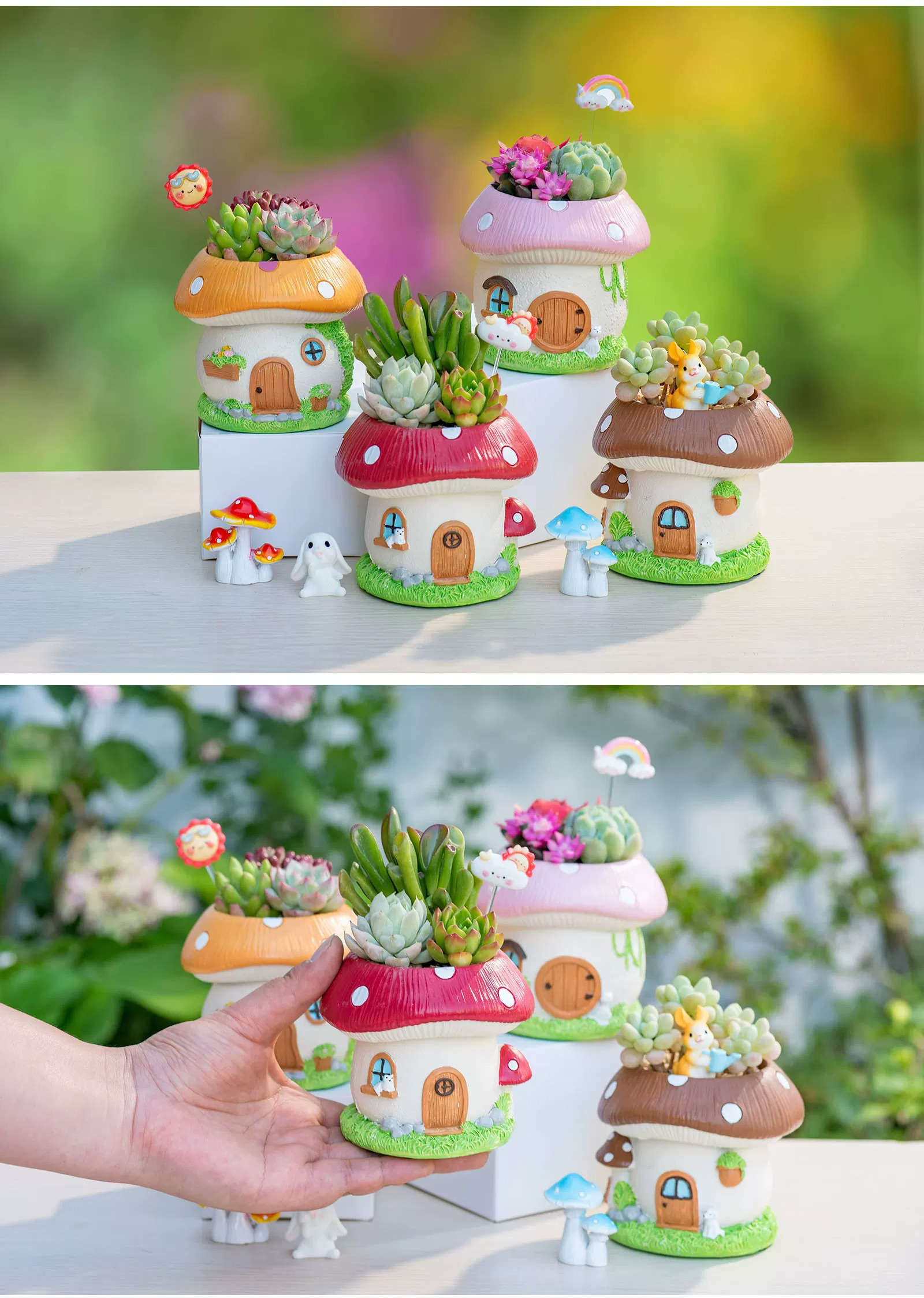 charming mushroom house succulent planters for fairy garden & balcony decor