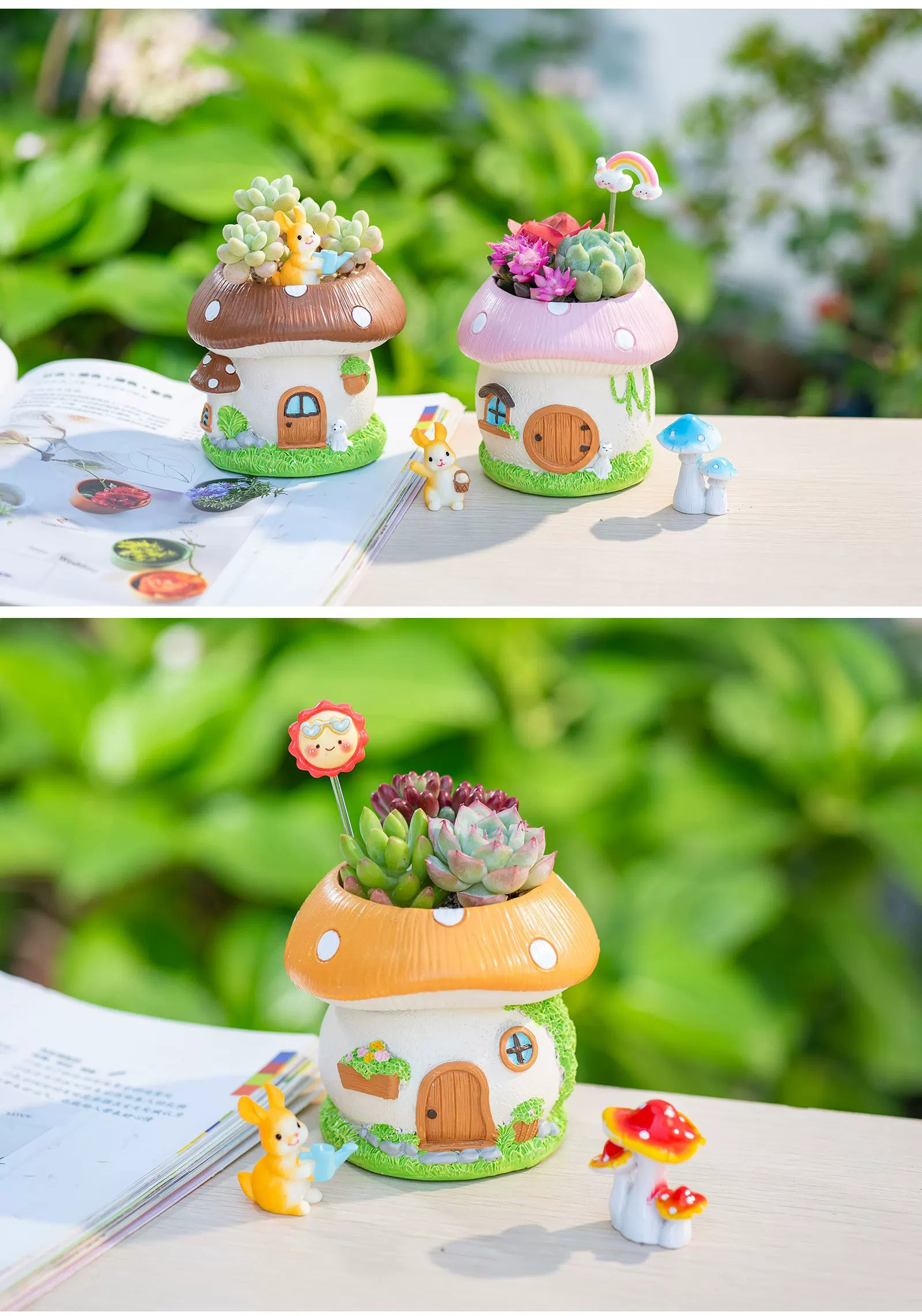 charming mushroom house succulent planters for fairy garden & balcony decor