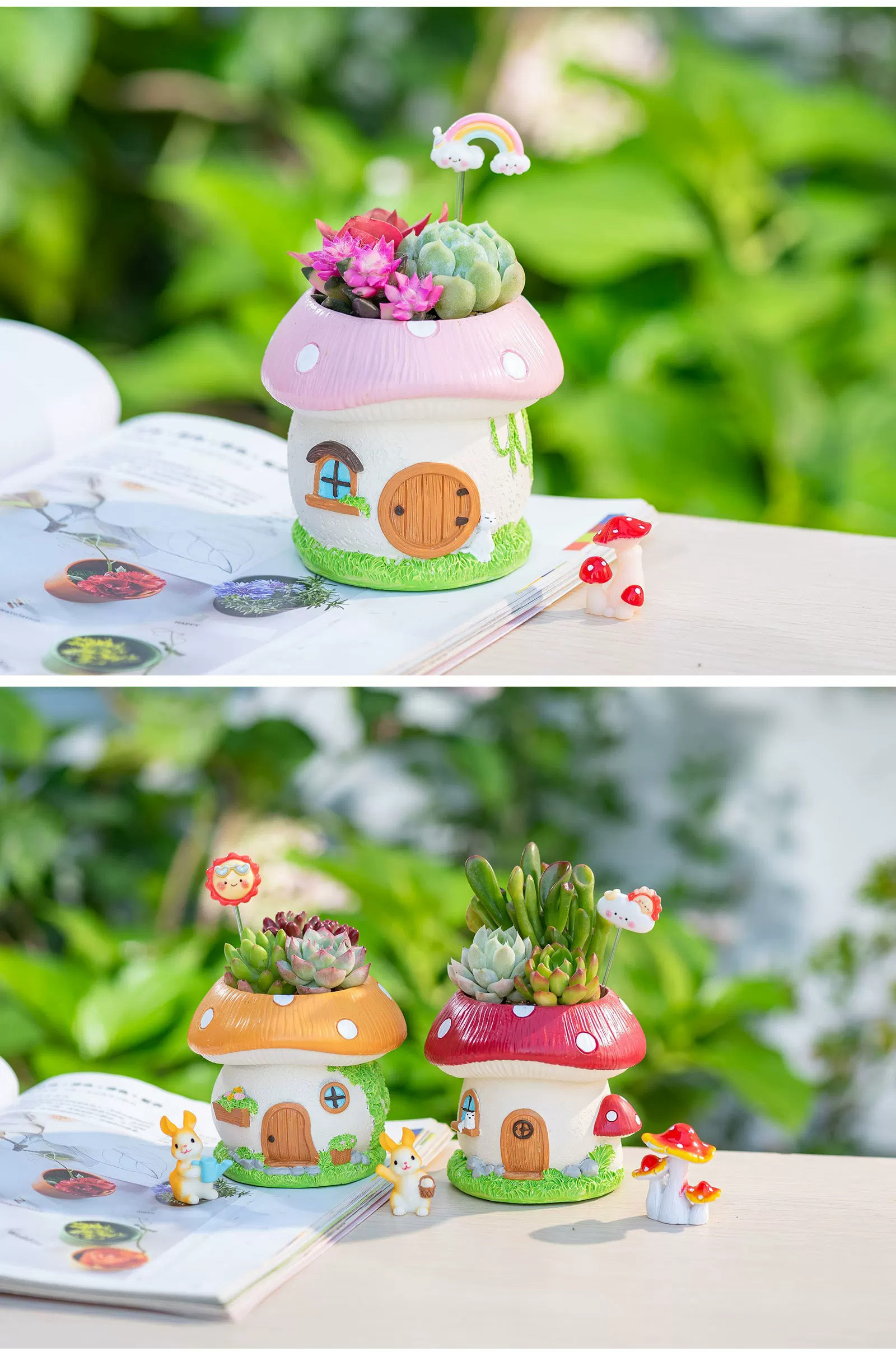 charming mushroom house succulent planters for fairy garden & balcony decor