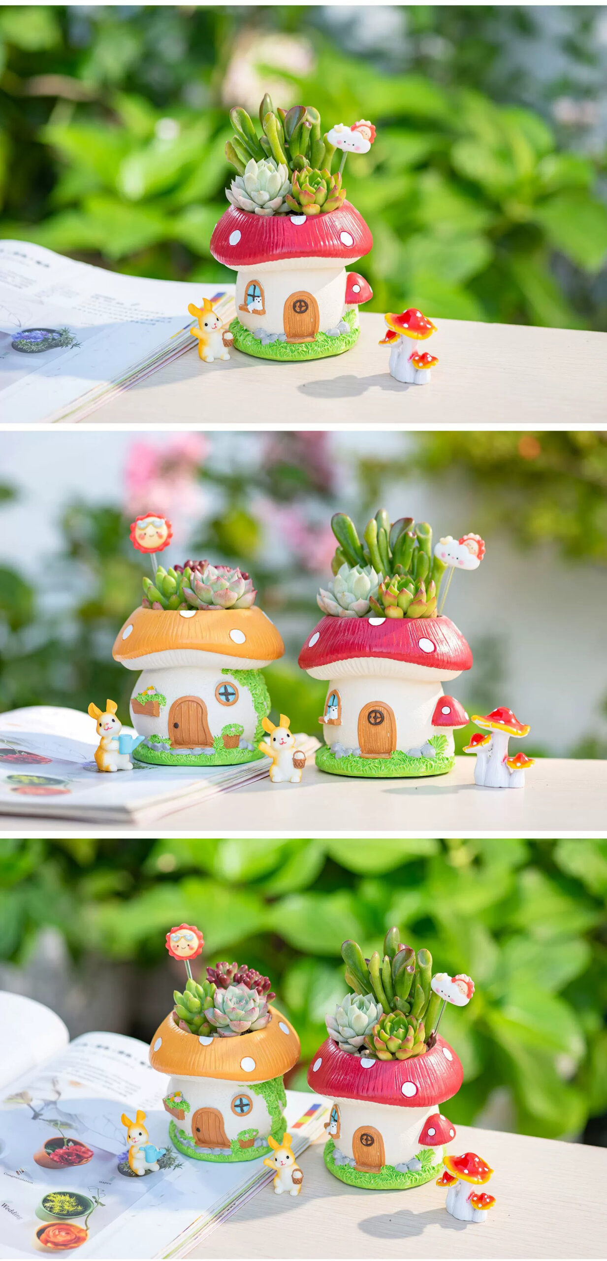 charming mushroom house succulent planters for fairy garden & balcony decor
