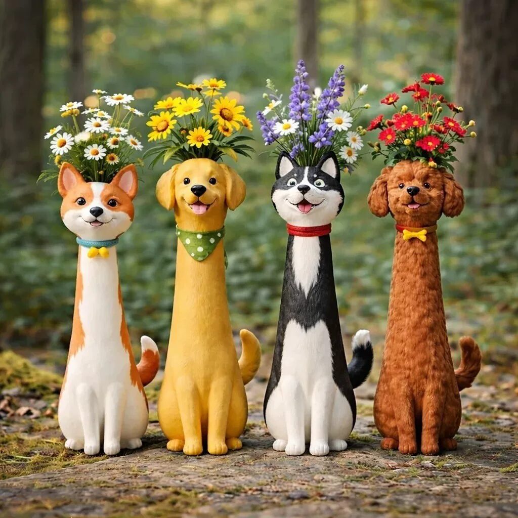 handmade whimsical cat & dog resin vases for unique home decor