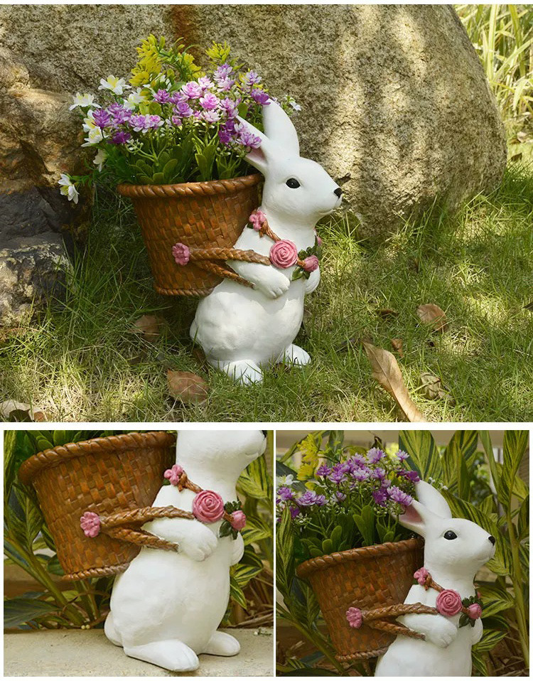 charming outdoor rabbit garden planter with woven basket decor
