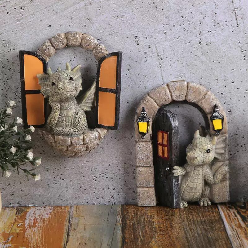 whimsical cute dragon resin garden door & window statues