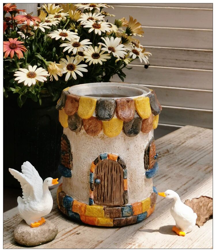 whimsical resin fairy house succulent planter for outdoor garden patio decor
