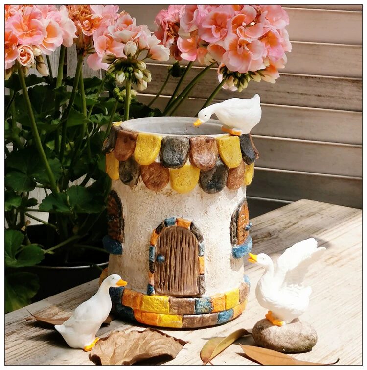 whimsical resin fairy house succulent planter for outdoor garden patio decor