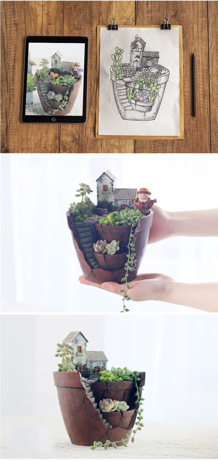 creative resin succulent planter with miniature landscape tiered design