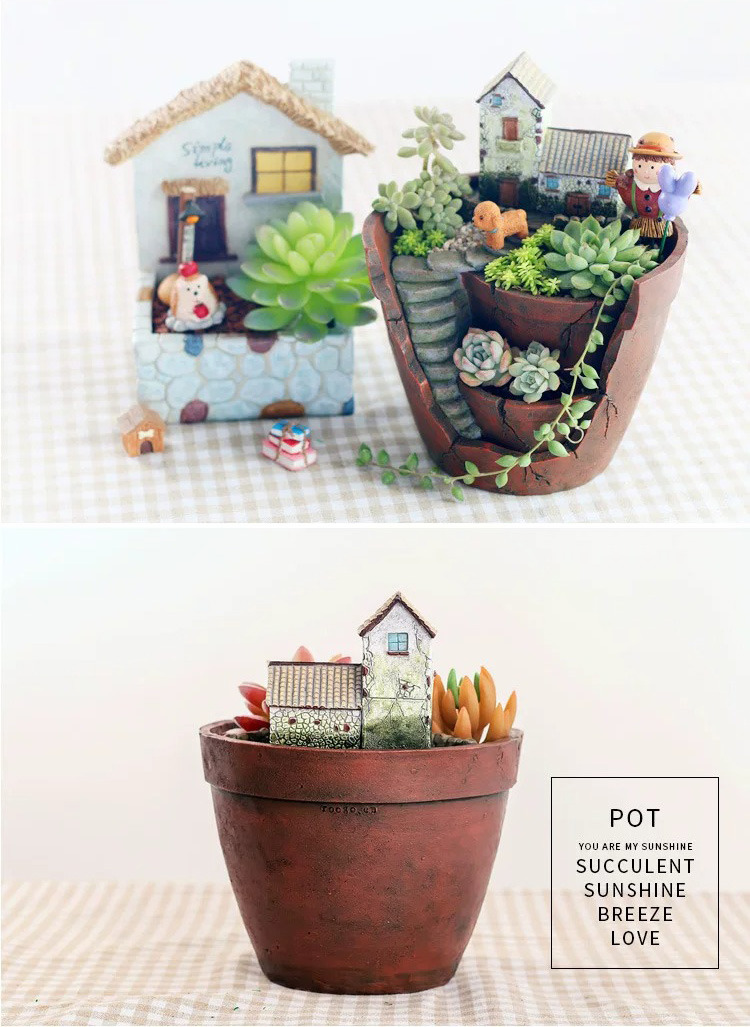 creative resin succulent planter with miniature landscape tiered design