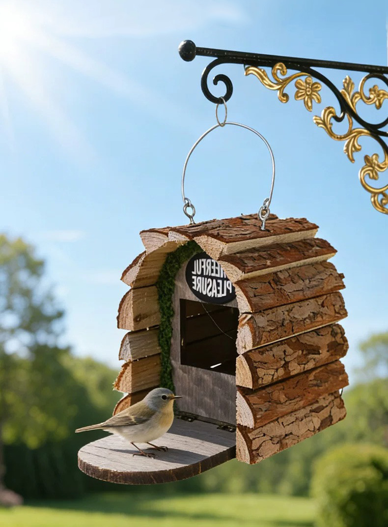 rustic wooden outdoor birdhouse feeder for garden decor & wild birds