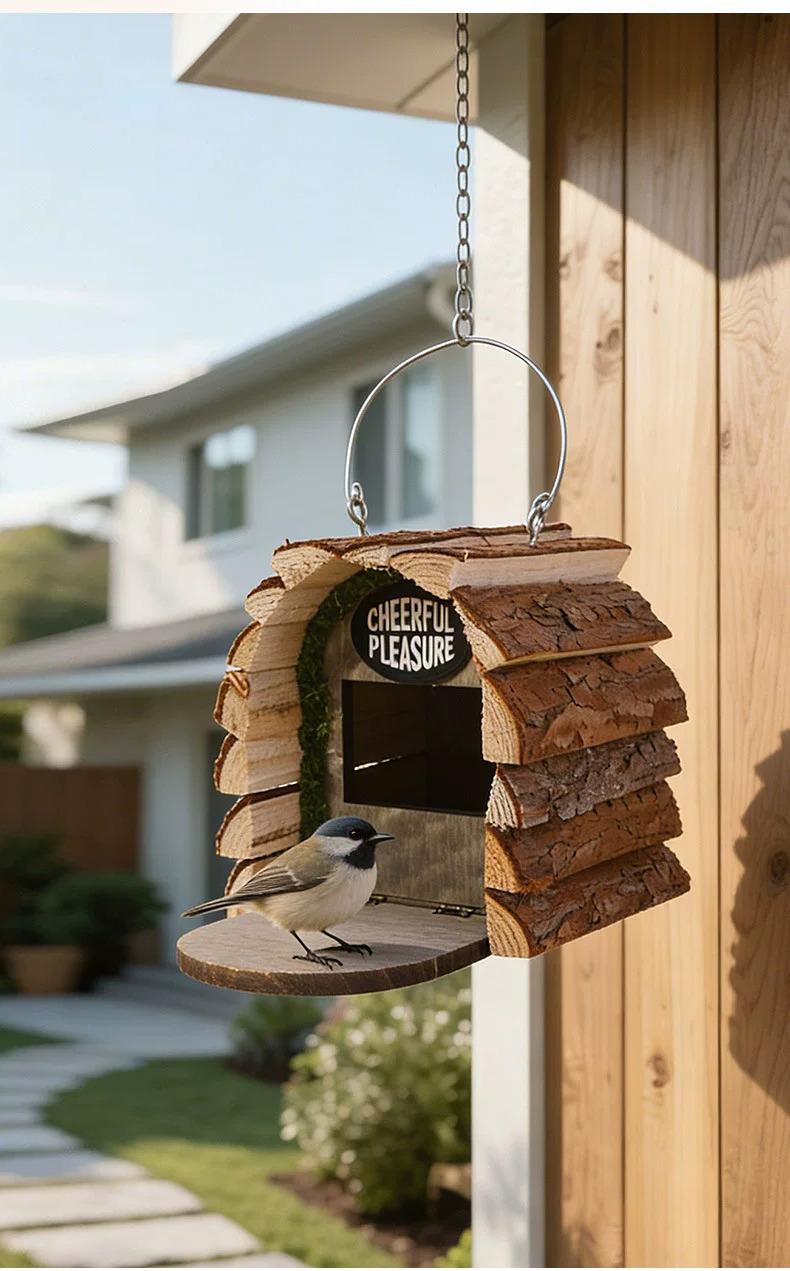 rustic wooden outdoor birdhouse feeder for garden decor & wild birds