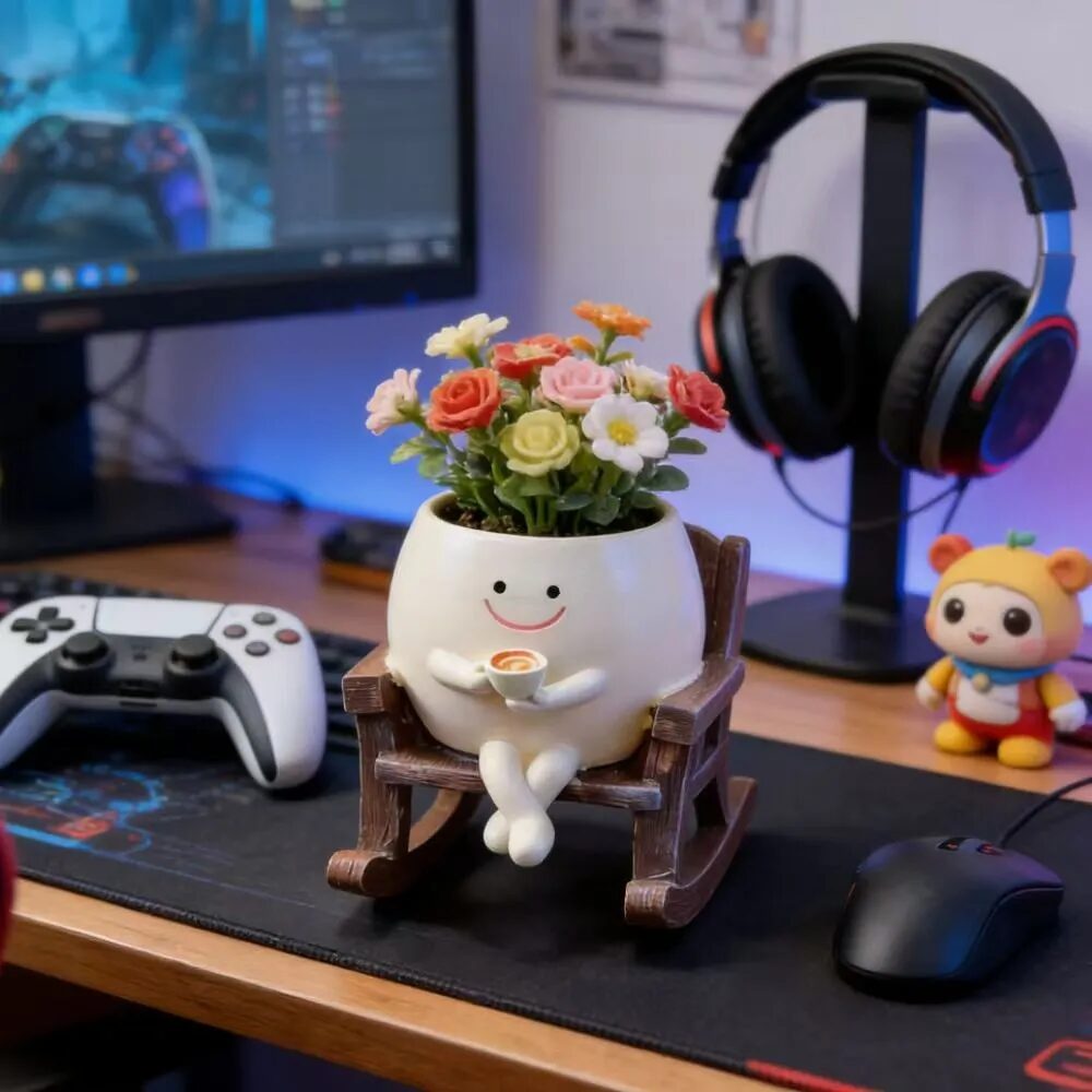 cute smiling rocking chair succulent planter pot for desktop & garden decor