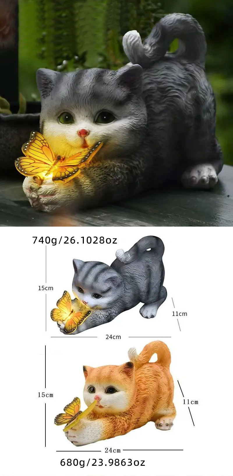 cute solar cat & butterfly garden light outdoor resin ornament