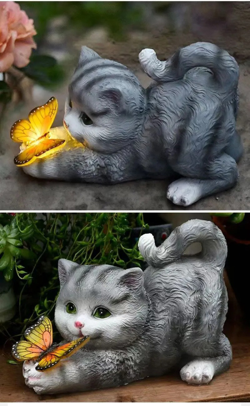 cute solar cat & butterfly garden light outdoor resin ornament