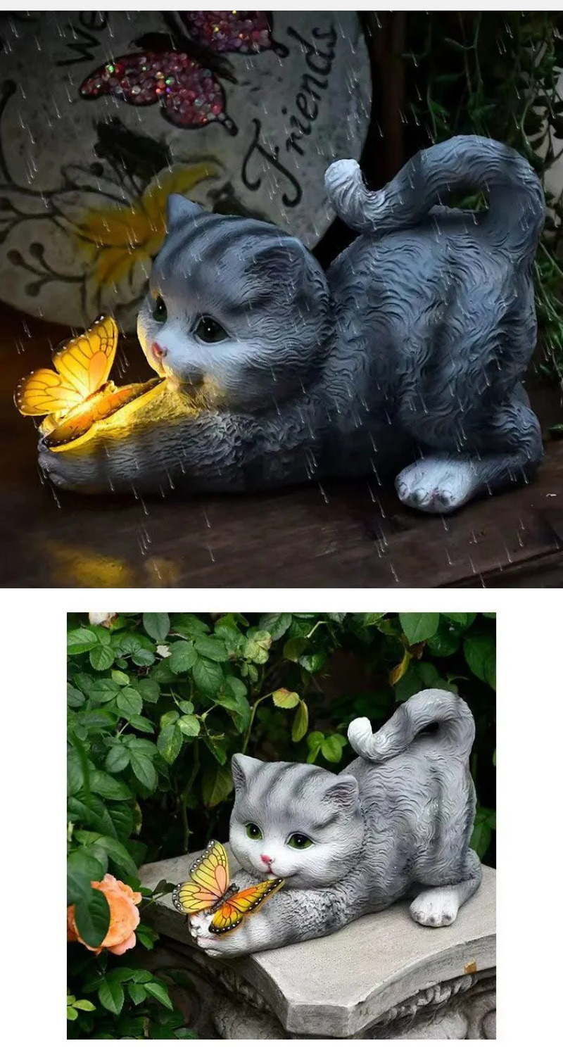cute solar cat & butterfly garden light outdoor resin ornament