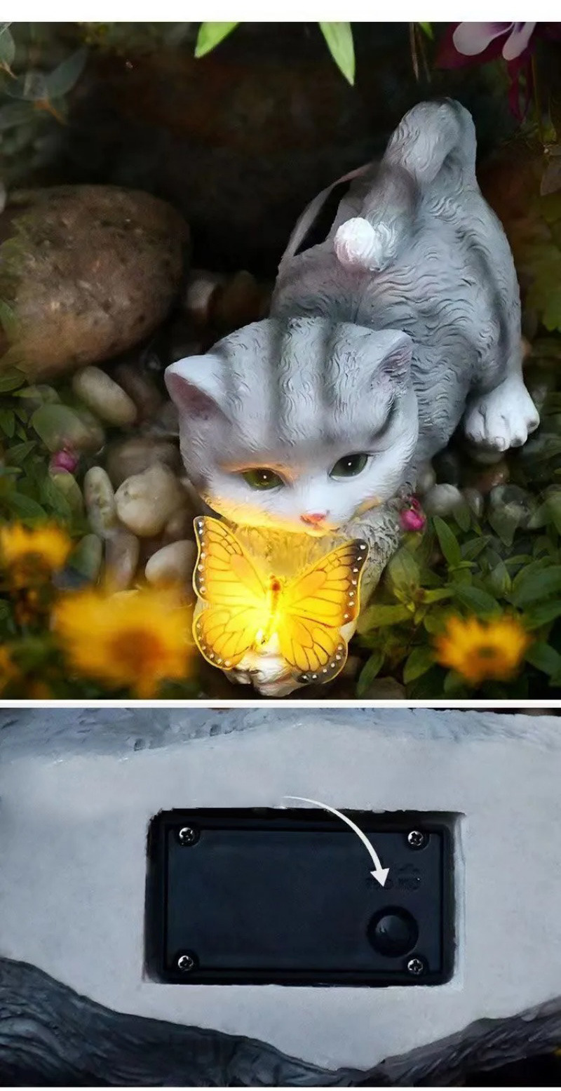 cute solar cat & butterfly garden light outdoor resin ornament