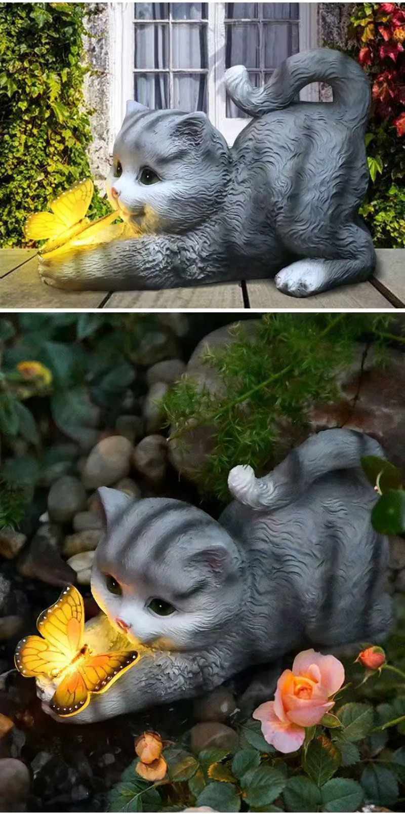 cute solar cat & butterfly garden light outdoor resin ornament