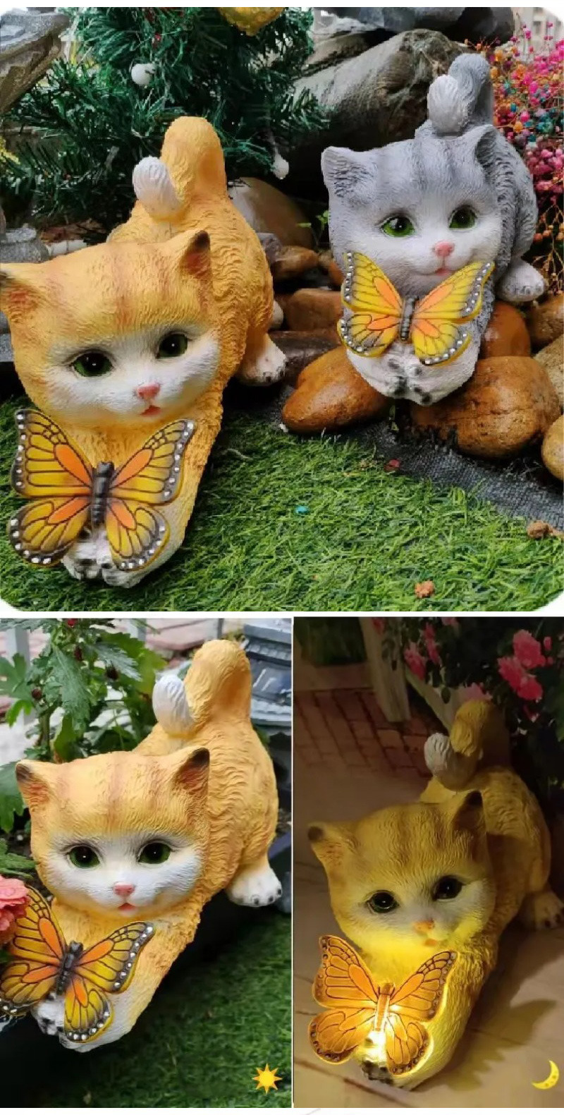 cute solar cat & butterfly garden light outdoor resin ornament