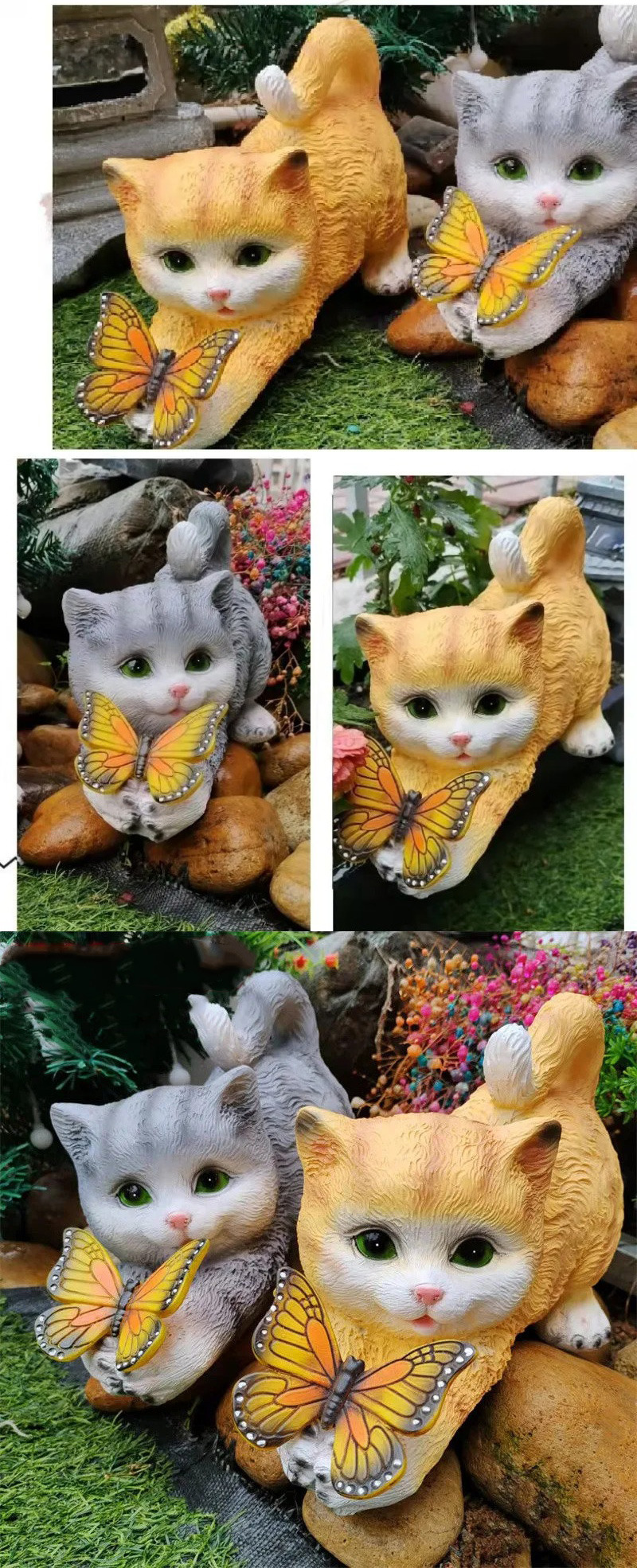 cute solar cat & butterfly garden light outdoor resin ornament