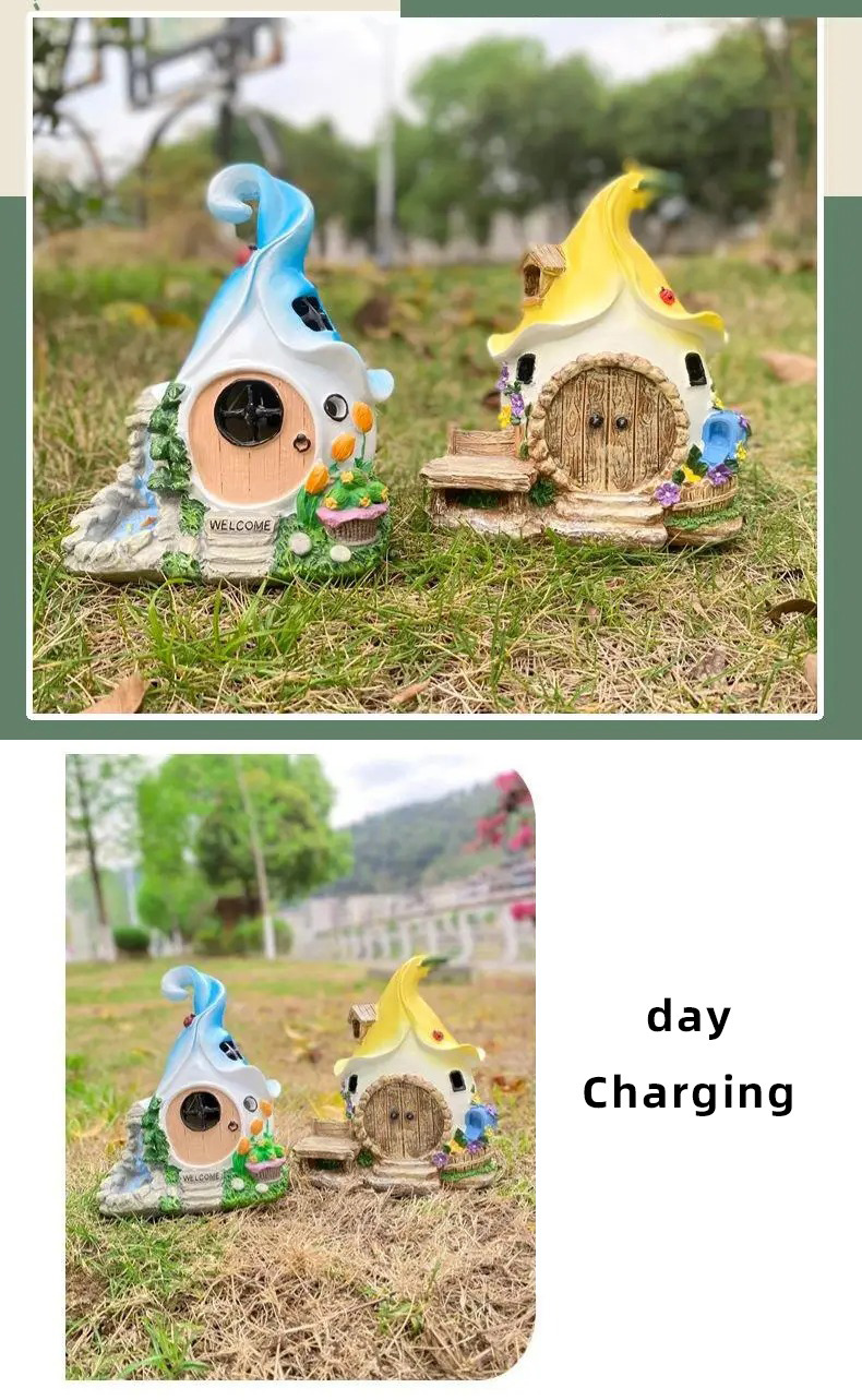solar powered fairy house garden ornament resin outdoor decor light