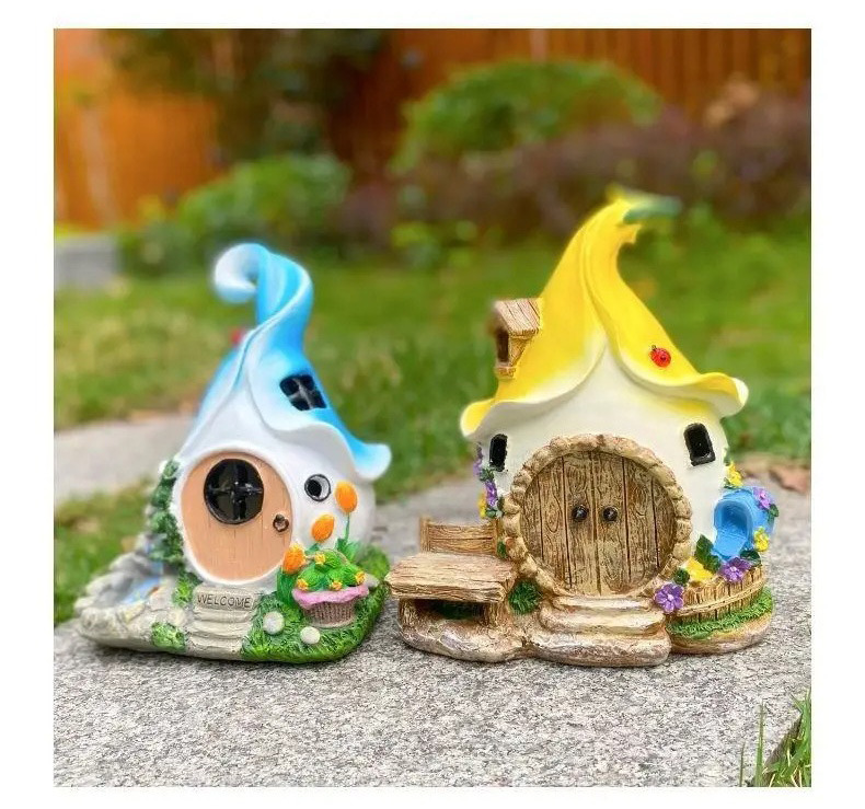 solar powered fairy house garden ornament resin outdoor decor light