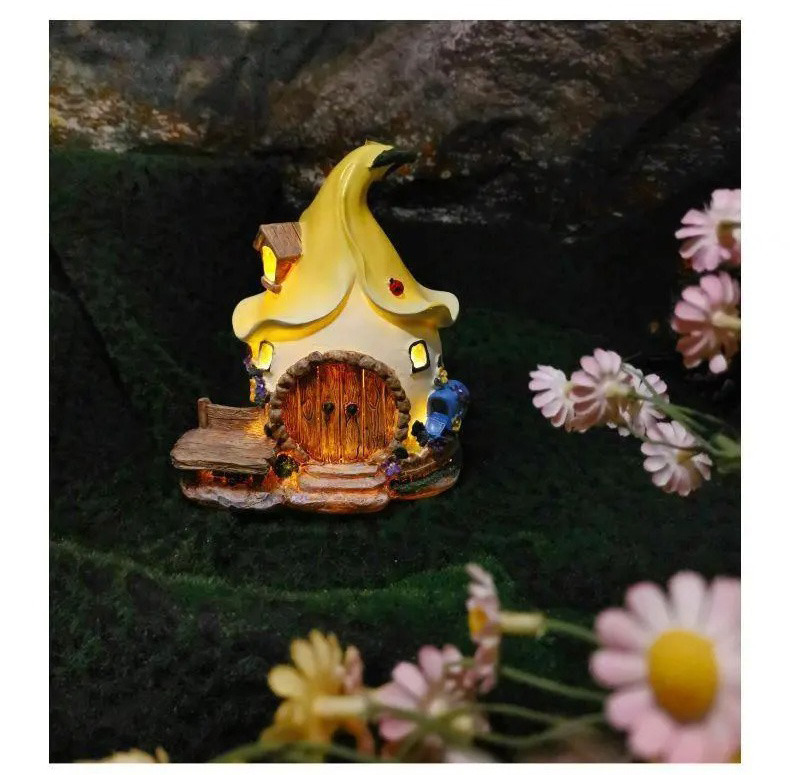 solar powered fairy house garden ornament resin outdoor decor light