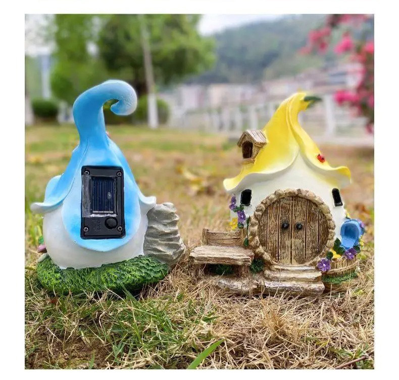 solar powered fairy house garden ornament resin outdoor decor light