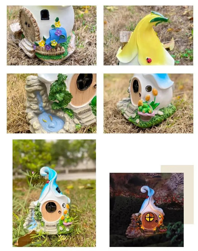 solar powered fairy house garden ornament resin outdoor decor light