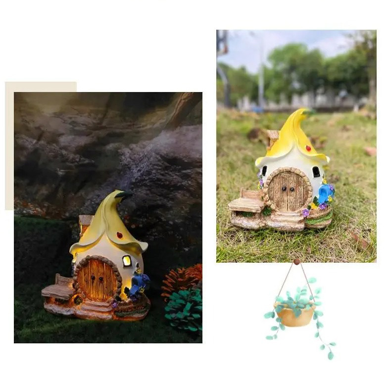 solar powered fairy house garden ornament resin outdoor decor light
