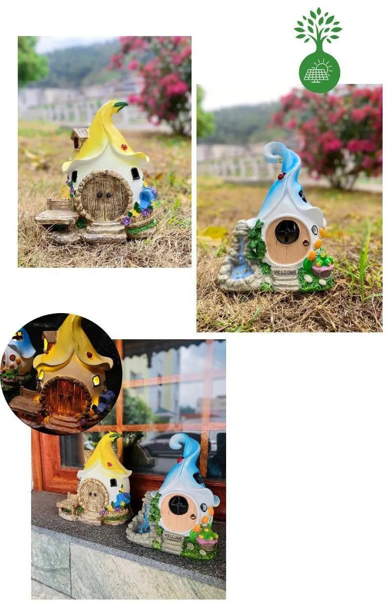 solar powered fairy house garden ornament resin outdoor decor light