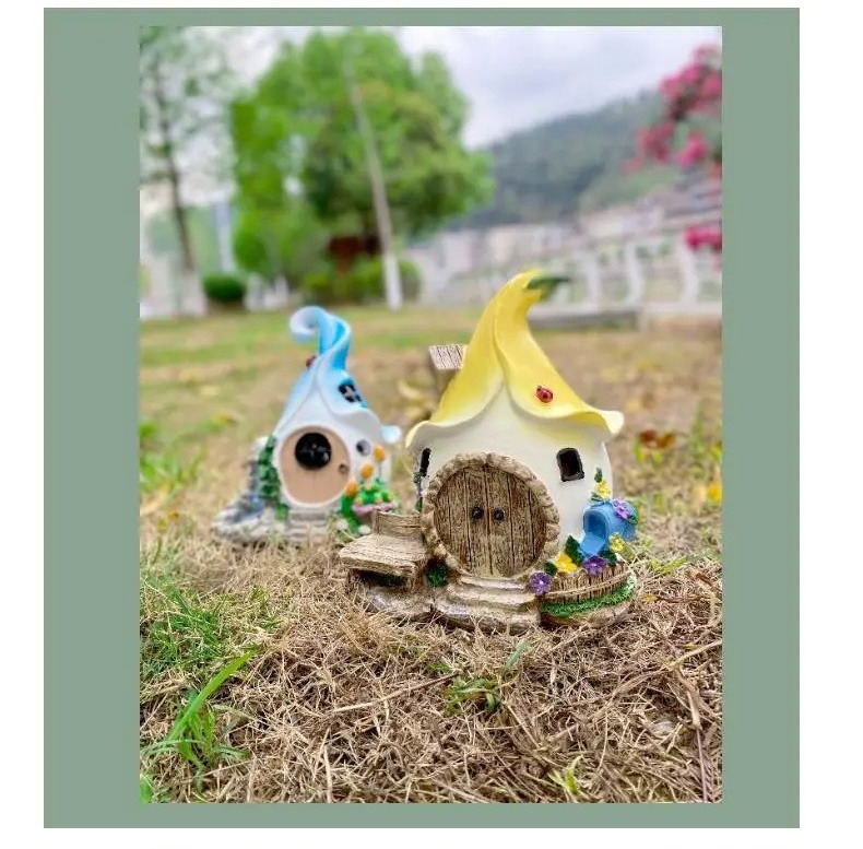 solar powered fairy house garden ornament resin outdoor decor light
