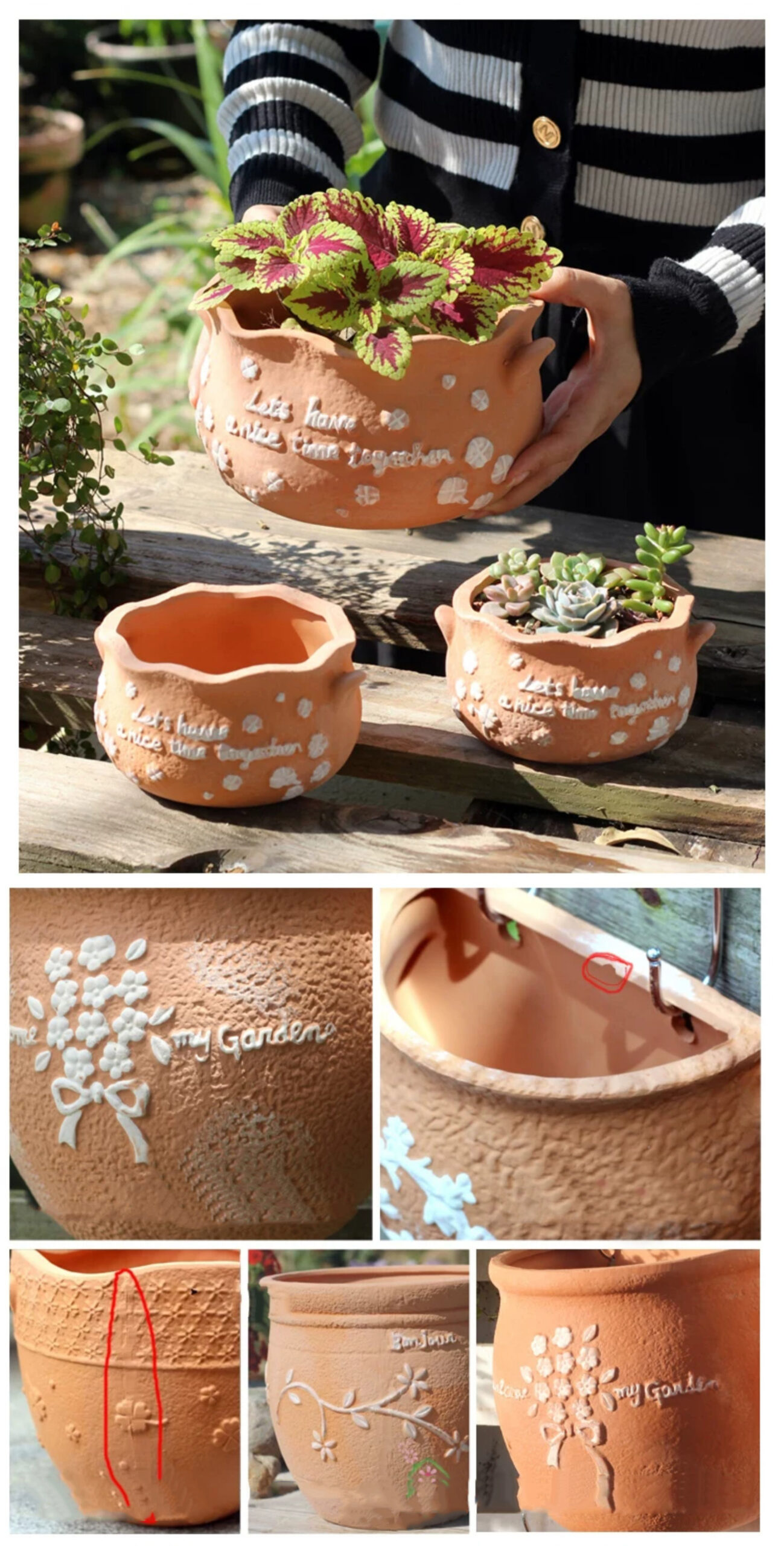 rustic embossed terracotta succulent pots for breathable outdoor planters