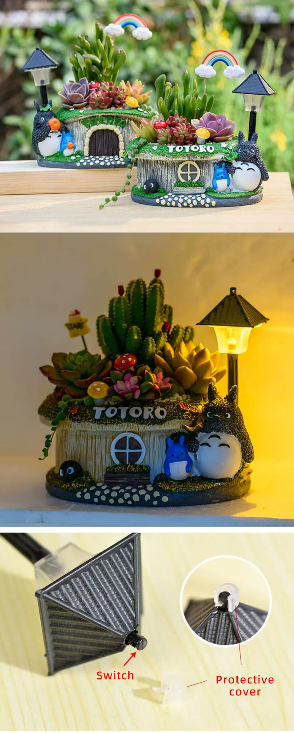 cute totoro succulent planter with led light – creative diy gift kit