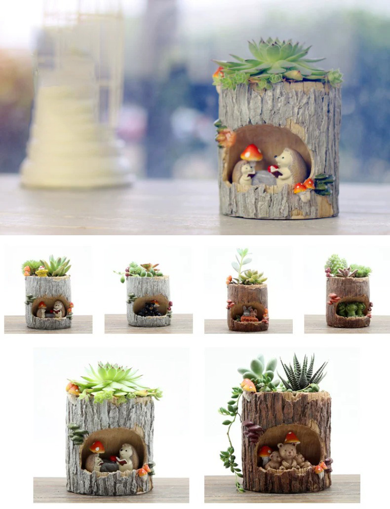 creative woodland animal tree stump succulent planter desktop decor