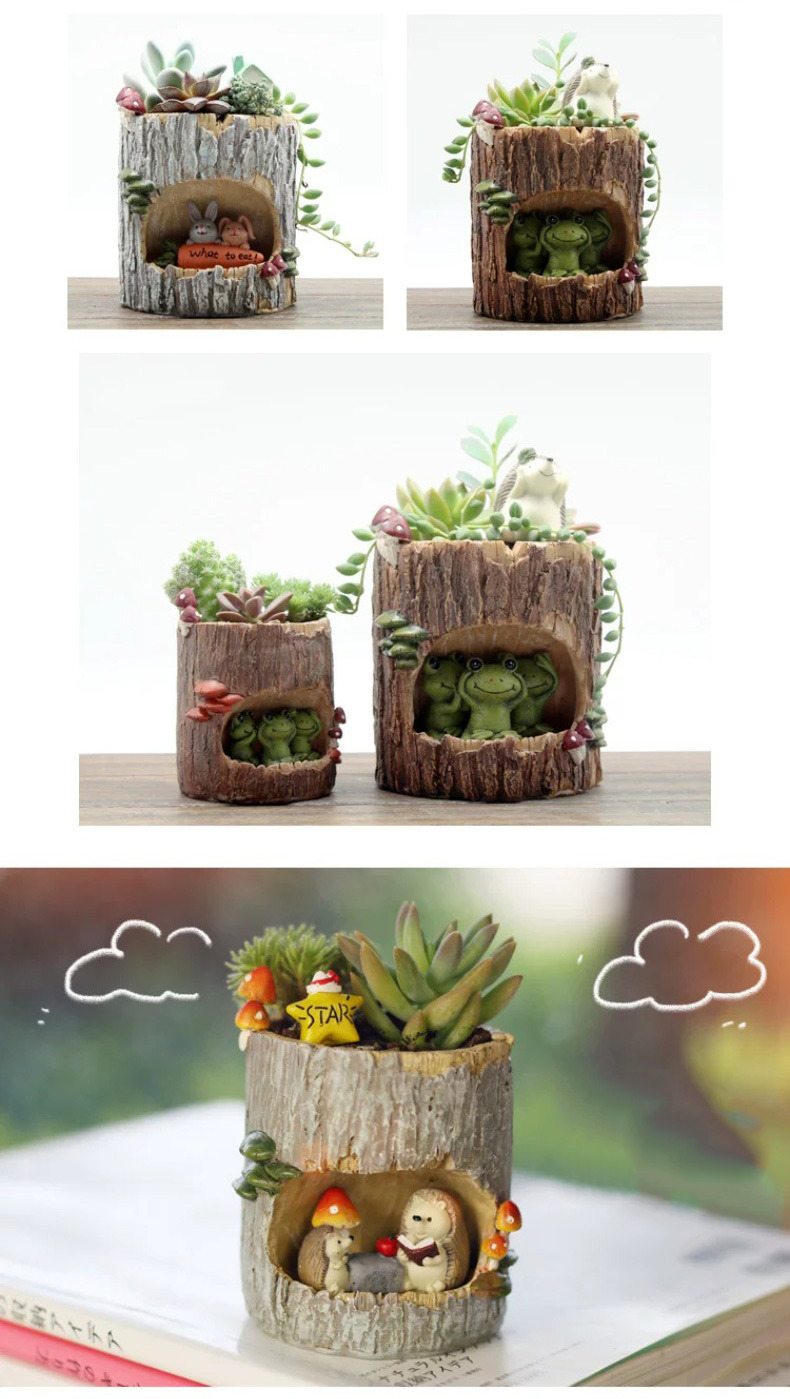 creative woodland animal tree stump succulent planter desktop decor