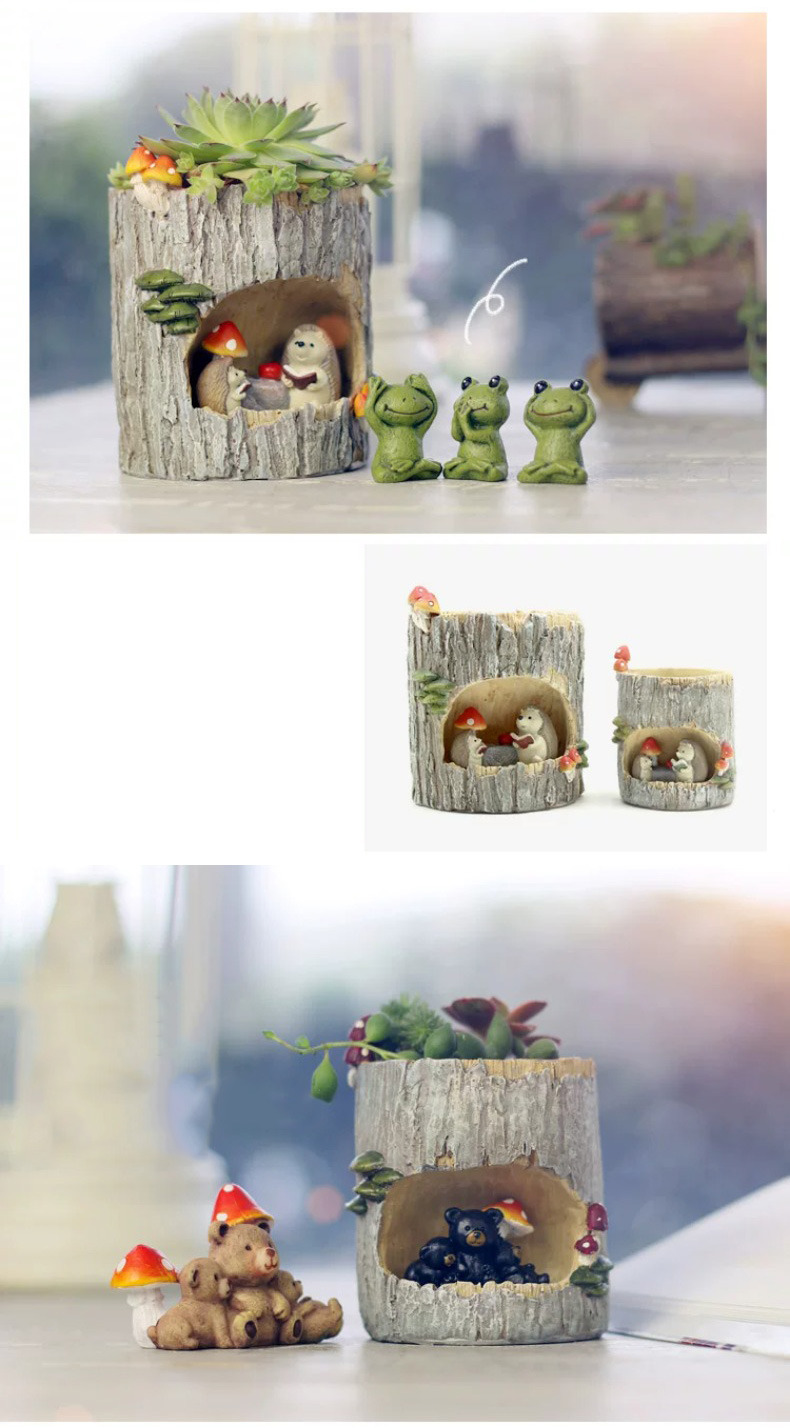 creative woodland animal tree stump succulent planter desktop decor