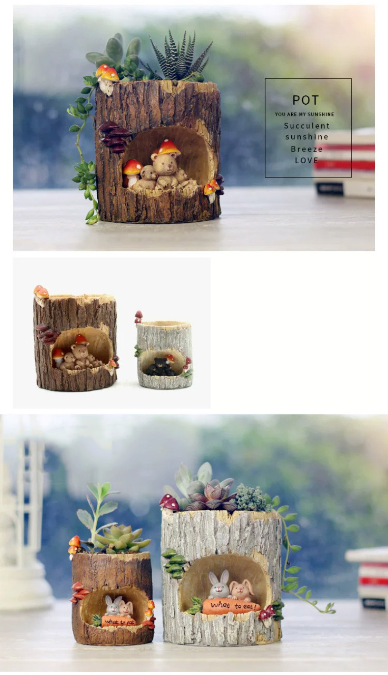 creative woodland animal tree stump succulent planter desktop decor