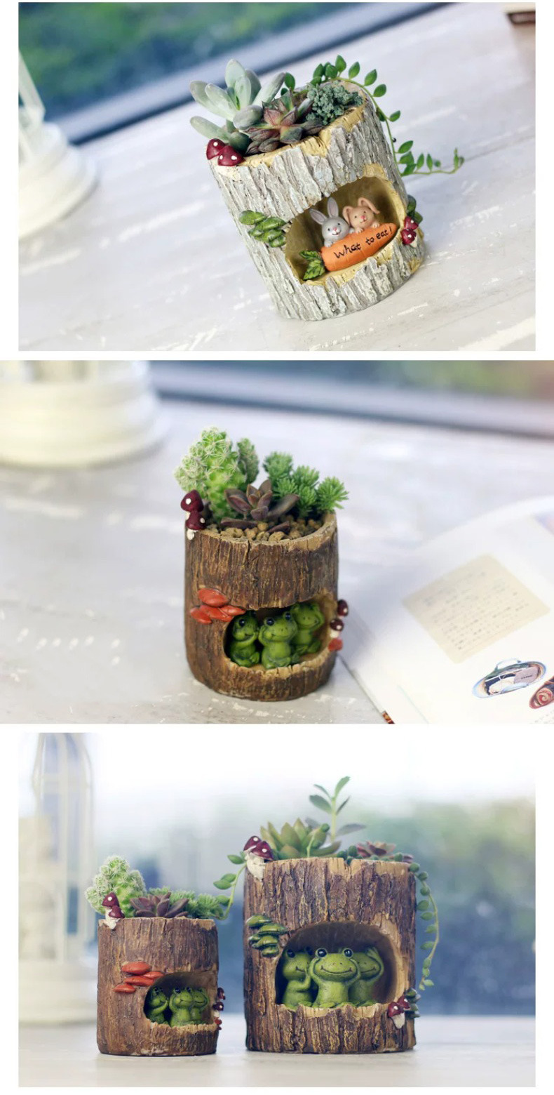 creative woodland animal tree stump succulent planter desktop decor