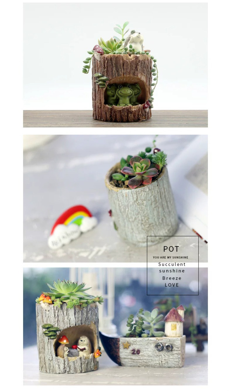 creative woodland animal tree stump succulent planter desktop decor