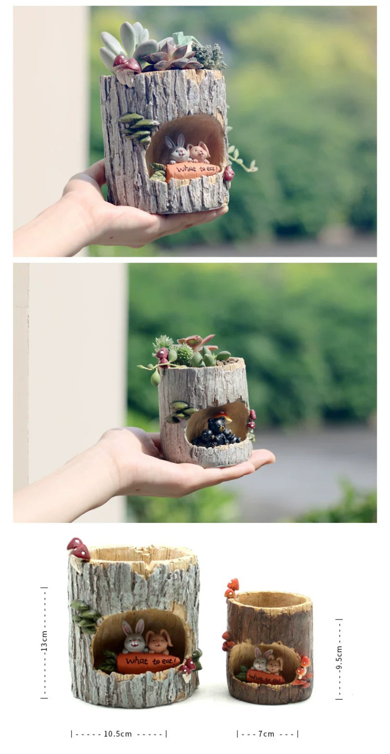 creative woodland animal tree stump succulent planter desktop decor