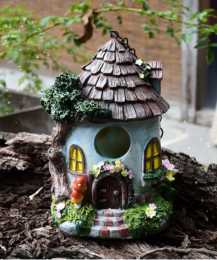 whimsical resin birdhouse cottage for enchanting outdoor garden & patio decor
