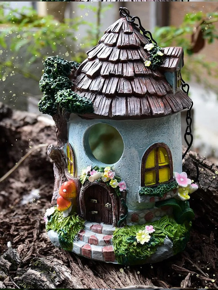 whimsical resin birdhouse cottage for enchanting outdoor garden & patio decor
