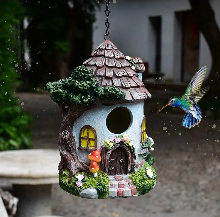 whimsical resin birdhouse cottage for enchanting outdoor garden & patio decor
