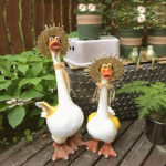 Resin Duck Garden Statues with Straw Hats for Outdoor Decor
