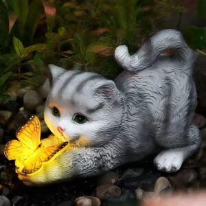 cute solar cat & butterfly garden light outdoor resin ornament