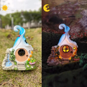 solar powered fairy house garden ornament resin outdoor decor light