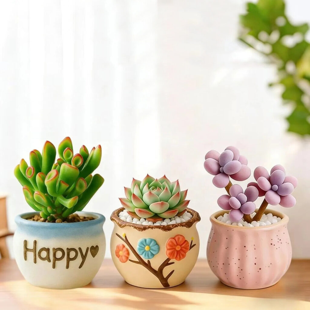 Easy Care Succulent Plants in Decorative Ceramic Pots Decor