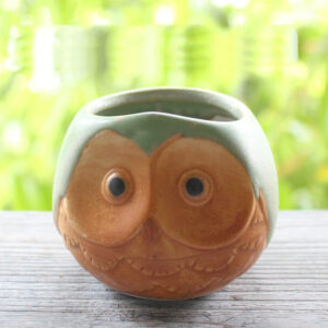 Tiny Round Green Owl Planter