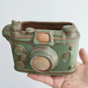 Vintage Green Camera Cat Planter