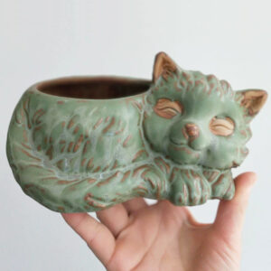 Vintage Green Sleeping Cat Planter
