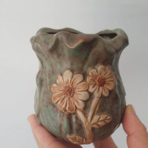 Green Two Flowers Ceramic Pot