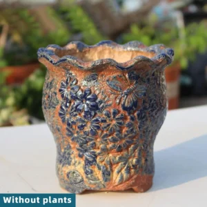 Dark Blue Floral Ruffled Planter
